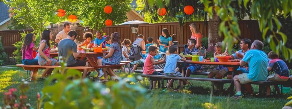 a vibrant backyard gathering showcases a lively family barbecue, with children playing games and adults enjoying laughter, all set against colorful decorations that celebrate the spirit of memorial day weekend.